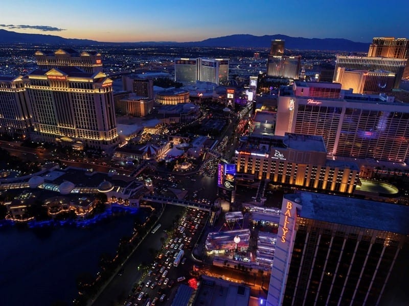 A view of the Strip with Caesars, Bally's, Flamingo, Mirage, Treasure Island, Venetian, and more