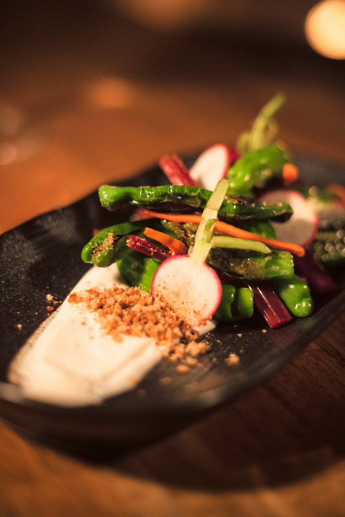 Lucky Foos - Shishoto Peppers with Pickled Swiss Chard Stems and Creamy Tofu Dressing