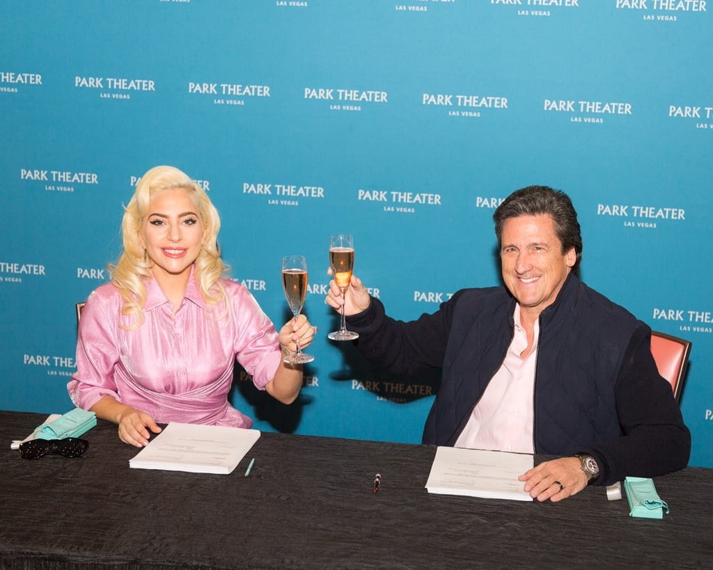 Lady Gaga and MGM Resorts International President Bill Hornbuckle toast to the artist’s two-year engagement at Park Theater in Las Vegas