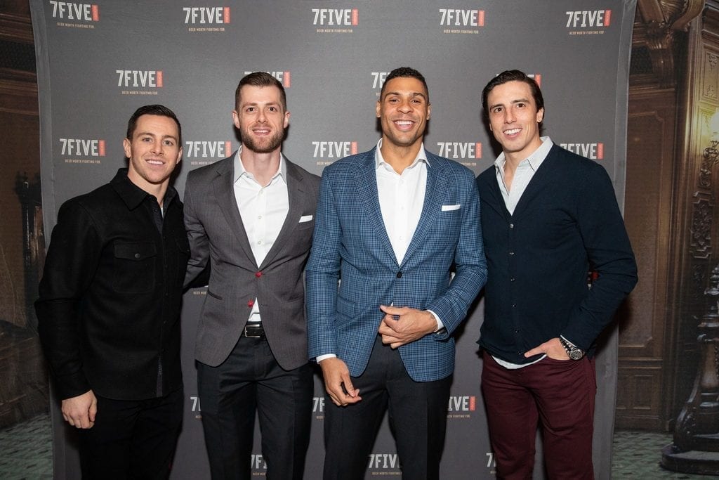 Jonathan Marchessault, Adam Coates, Ryan Reaves and Marc-Andre Fleury at the launch of 7Five Brewing Co., 2.23.19