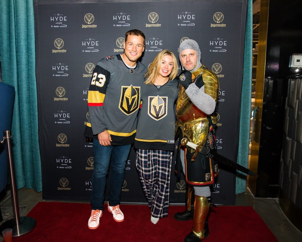 Colton Underwood and Cassie Randolph with Golden Knight at Hyde Lounge at T-Mobile Arena