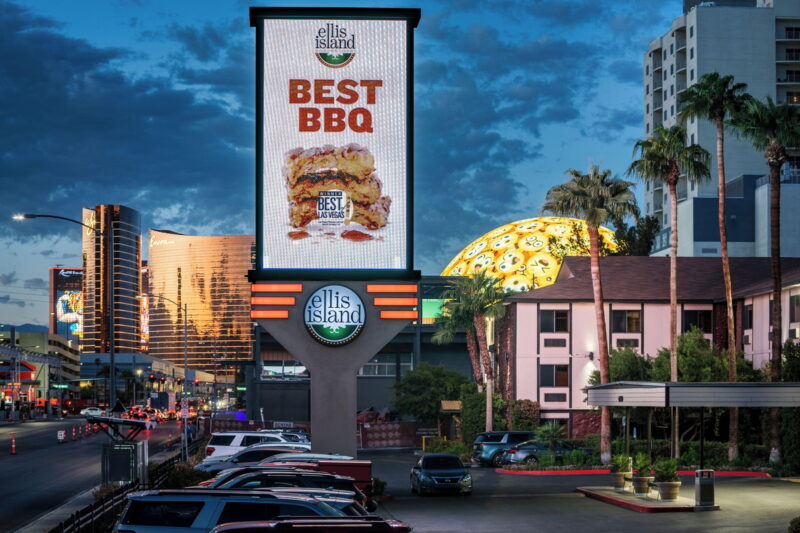 The lively entrance and beer garden of Ellis Island Casino & Hotel.