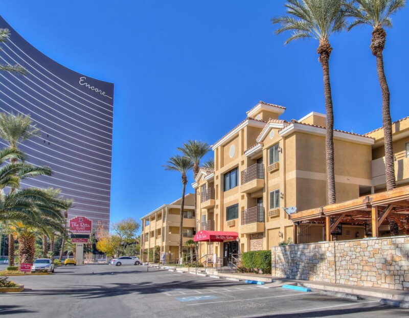 The entrance and exterior facade of The Rita Suites in Las Vegas.