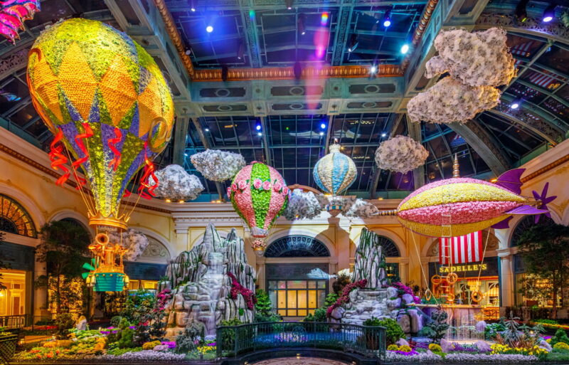 A vibrant seasonal floral display inside the Bellagio Conservatory & Botanical Gardens.