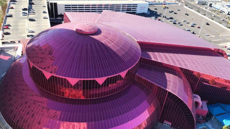 The colorful, glass-enclosed Adventuredome theme park at Circus Circus.