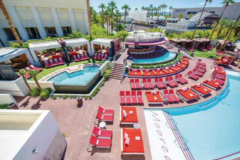 The luxurious sun villas at Moorea Beach Club overlooking the Mandalay Bay complex.
