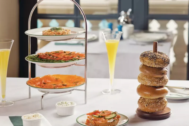 The signature tiered smoked-fish tower at Sadelle's, featuring fresh bagels and premium accompaniments.