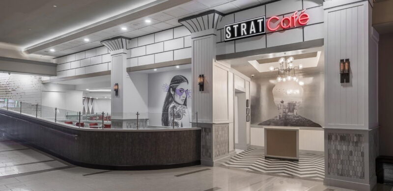 The exterior entrance of STRAT Cafe located on the main casino floor of The STRAT Hotel.
