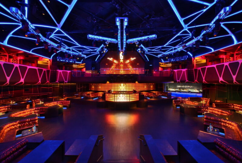 The grand, dimly lit entrance of Hakkasan Las Vegas at MGM Grand.