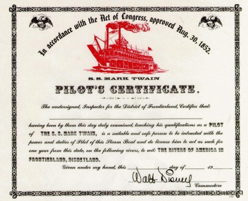 Mark Twain Riverboat Certificate