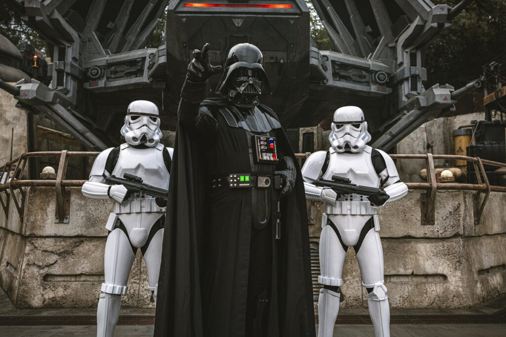 Darth Vader with Storm Troopers in Star Wars Galaxy's Edge at Disneyland