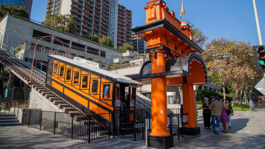orange funicular cars on Angels Flight Railway in Downtown LA