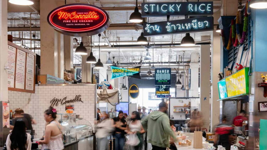 food vendor stalls inside historic Grand Central Market Los Angeles