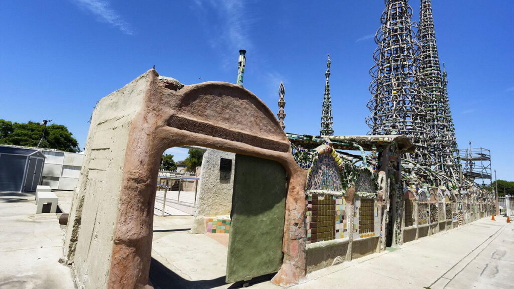 mosaic covered steel spires of the Watts Towers in Los Angeles