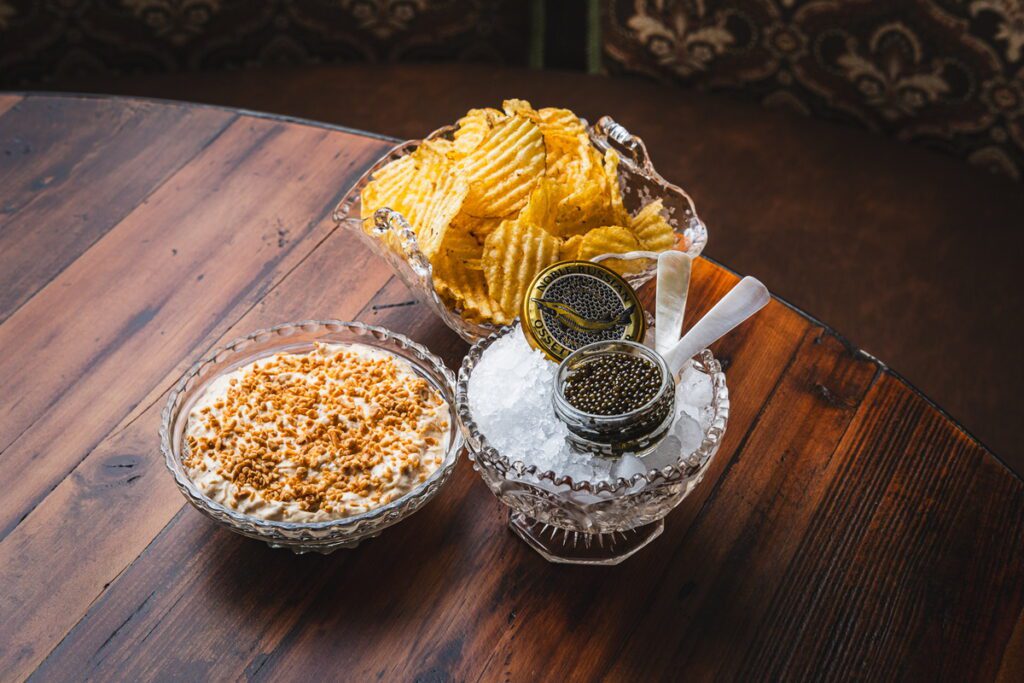Ancient Sea Salt Kettle Chips with Dip and Caviar at Doberman