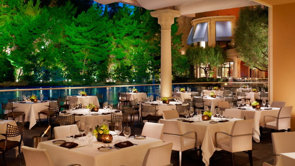 Outside dining area at SW Steakhouse, a luxury restaurant on the Las Vegas Strip