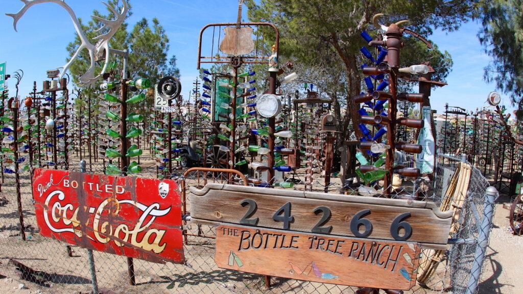 Metal bottle trees at Elmer's Bottle Tree Ranch in Oro Grande