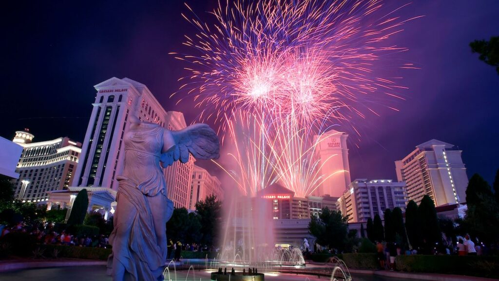 Synchronized fireworks lighting up the sky over Caesars Palace on the 4th of July in Las Vegas.