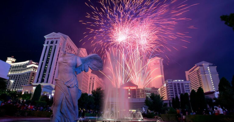 Synchronized fireworks lighting up the sky over Caesars Palace on the 4th of July in Las Vegas.