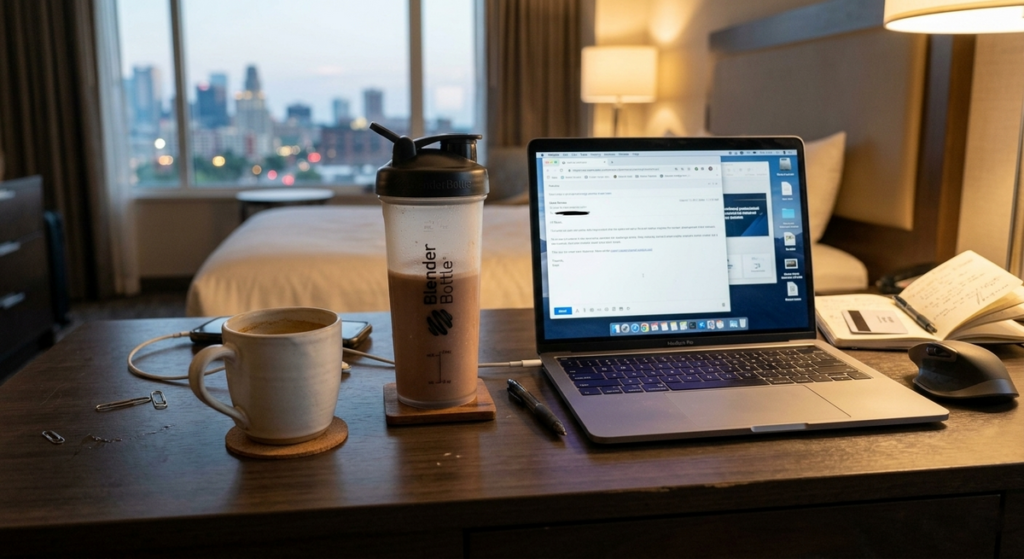 Sweet cream travel meal replacement shake mixed in a hotel room