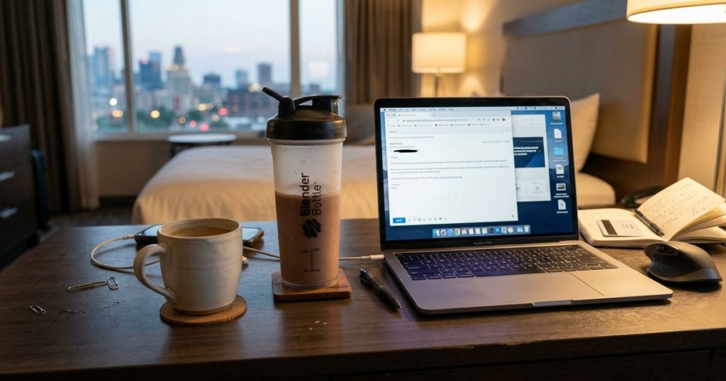 Sweet cream travel meal replacement shake mixed in a hotel room