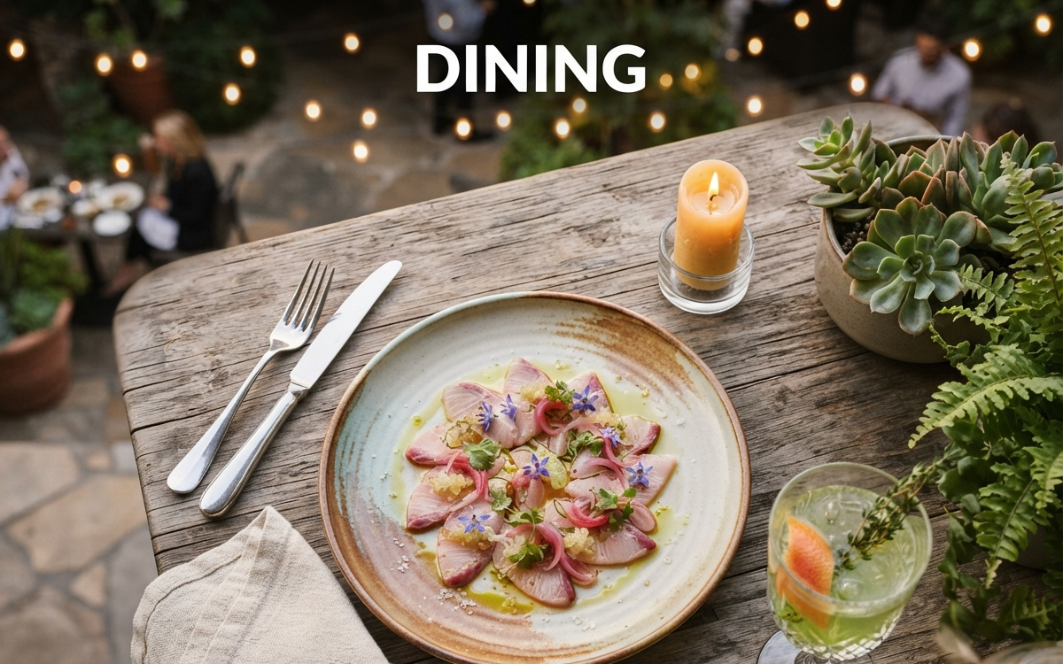 A signature, artfully plated dish served on a rustic wooden table at an upscale patio restaurant