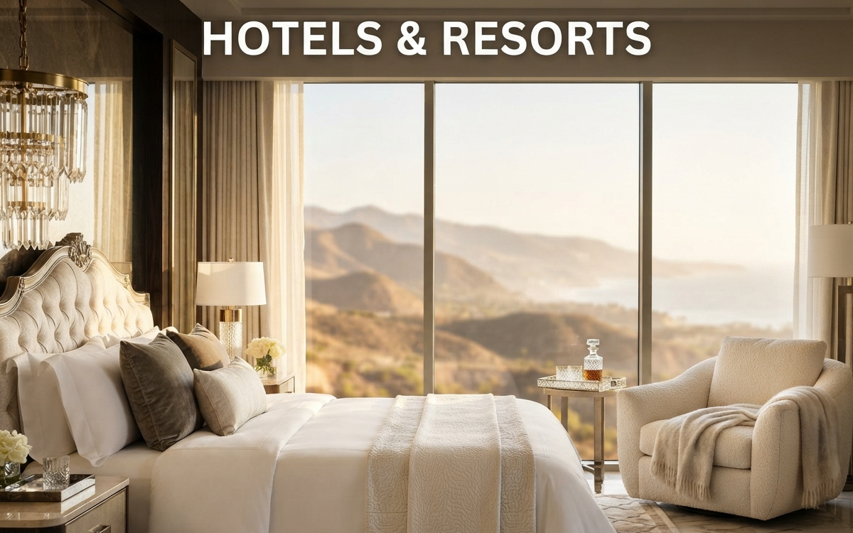 Aspirational, close-up photograph of a luxurious hotel suite interior