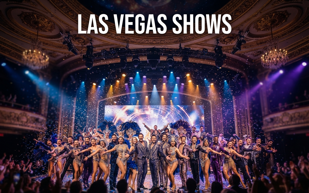 Performers in elaborate, sparkling costumes are center stage, bathed in a dramatic, colorful wash of stage spotlights
