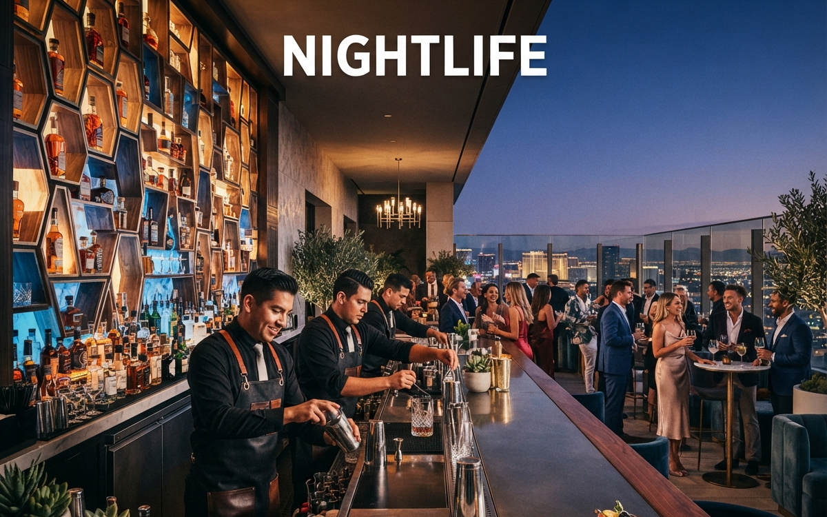 A sleek, polished bar towards a wall of stylized, backlit liquor bottles