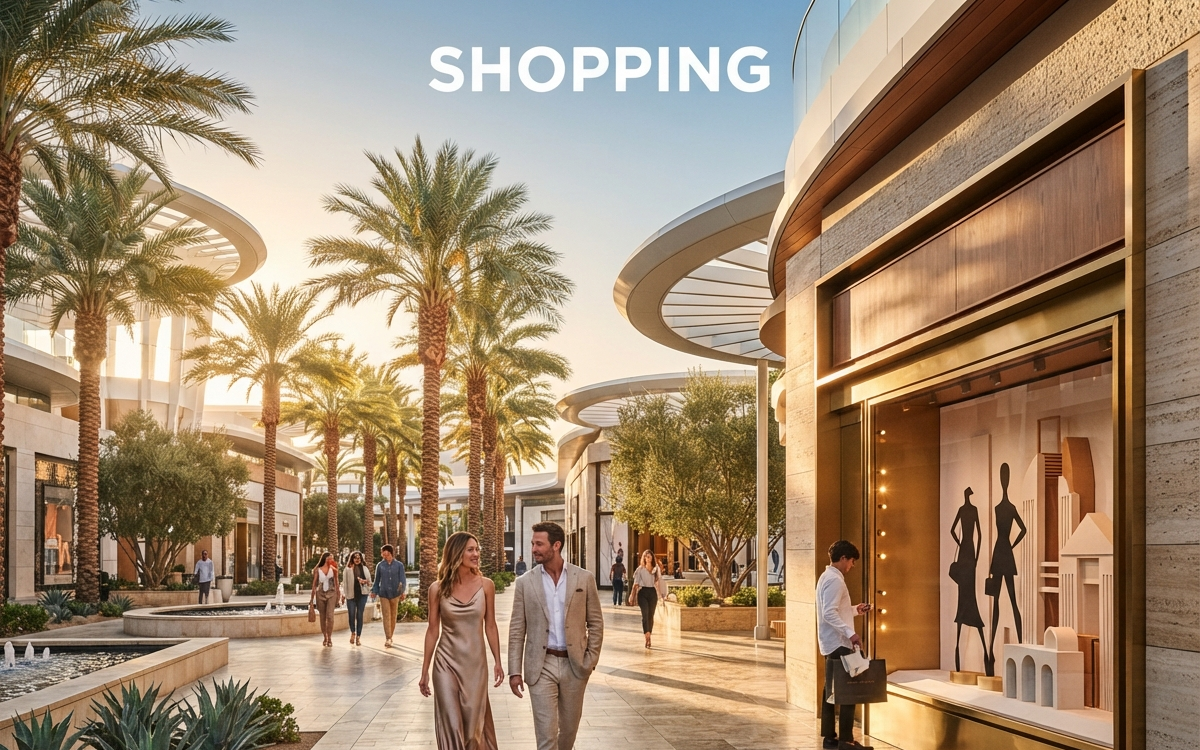 Aspirational, eye-level street photography capturing the atmosphere of a high-end, open-air luxury shopping plaza