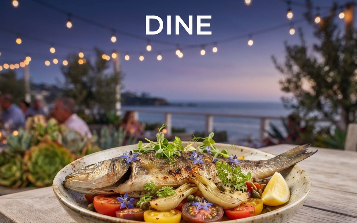 Seafood dish served at a chic Southern California coastal restaurant patio at twilight