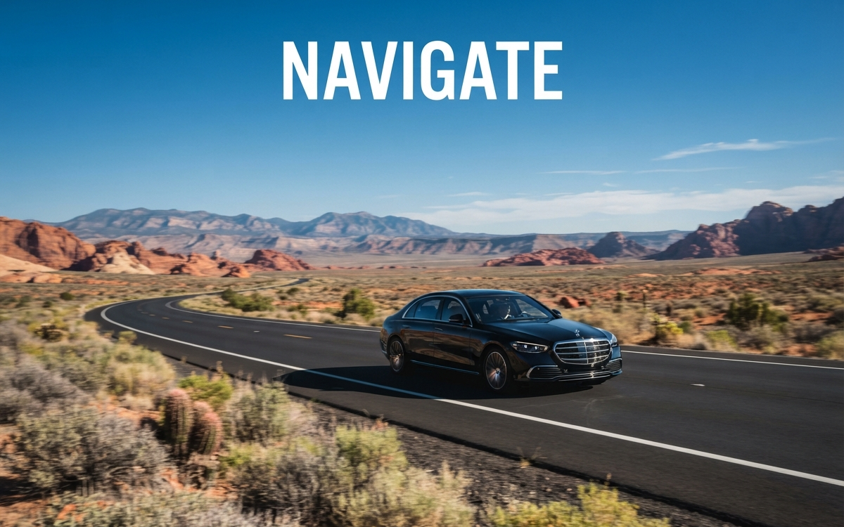 A professional, dark-colored luxury sedan is driving smoothly on a newly paved desert highway