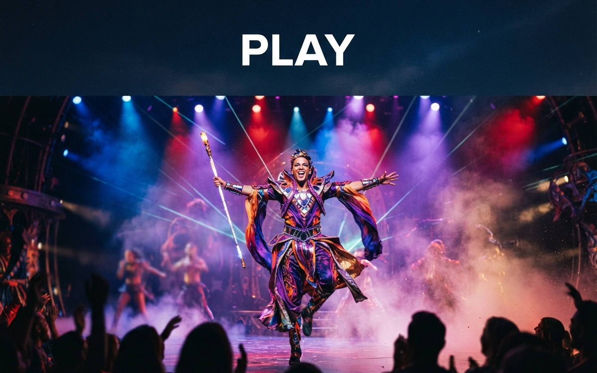 A performer in a vibrant, artistic costume is center stage, bathed in colorful stage spotlights