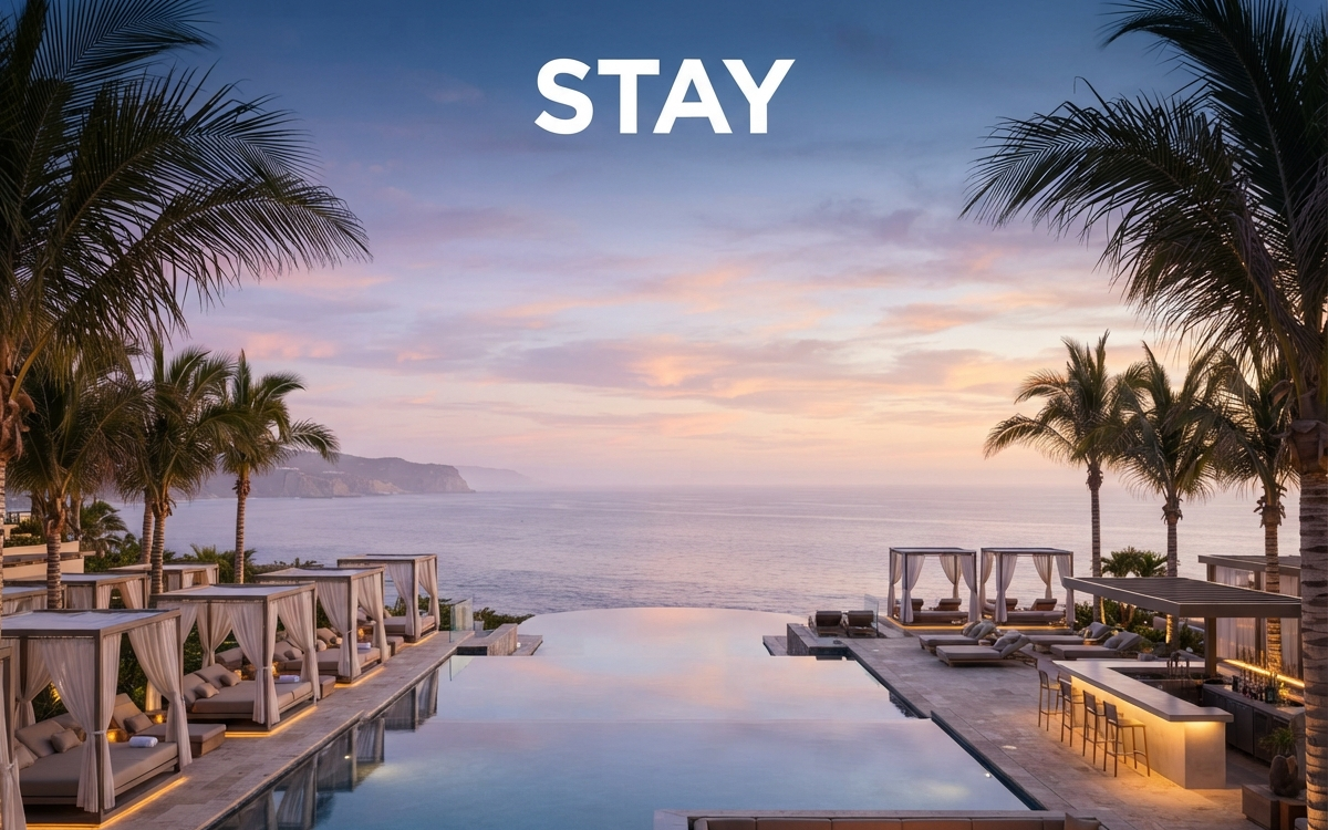 Infinity pool at twilight, looking out toward a calm horizon