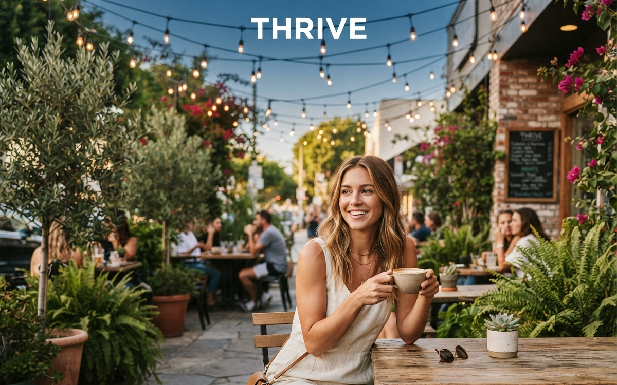 A stylish individual is smiling while sitting at a sidewalk café, holding a beverage and relaxed