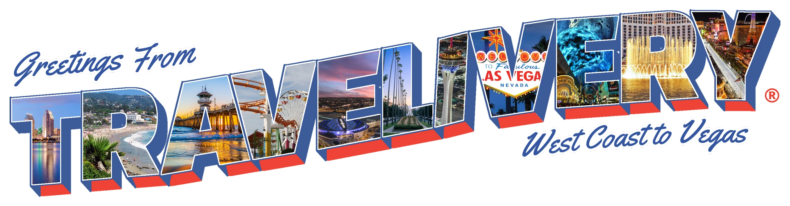 Travelivery® postcard-style logo, West Coast to Vegas